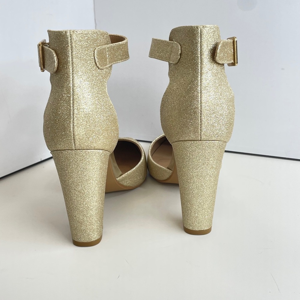 IDIFU Womens Gold Glitter Pointed Toe Ankle Strap Block Heel Pumps Shoes Size 10 - Picture 6 of 7